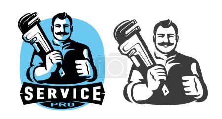 Illustration for Plumber with plumbing wrench. Technical service emblem, logo. Construction, Repair work vector illustration - Royalty Free Image