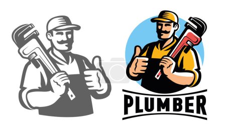 Téléchargez les illustrations : Plumber with plumbing wrench. Technical service logo, emblem. Construction, Repair work vector illustration - en licence libre de droit