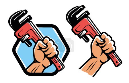 Illustration for Fist holding a wrench. Workshop, technical service emblem or logo. Plumbing work Vector illustration - Royalty Free Image