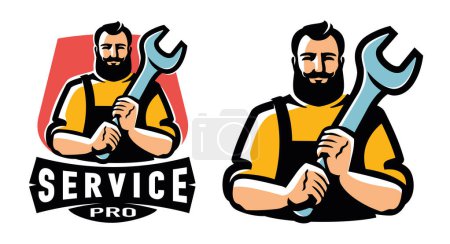 Illustration for Worker with wrench. Engineer, technician, mechanic emblem. Workshop, technical service logo. Vector illustration - Royalty Free Image