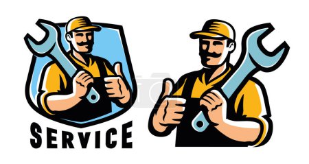 Illustration for Worker in cap with wrench. Engineer, technician, mechanic, builder logo. Workshop, service emblem. Vector illustration - Royalty Free Image