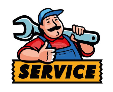 Ilustración de Worker with wrench tool. Engineer, technician, mechanic, builder logo. Workshop, service emblem. Vector illustration - Imagen libre de derechos