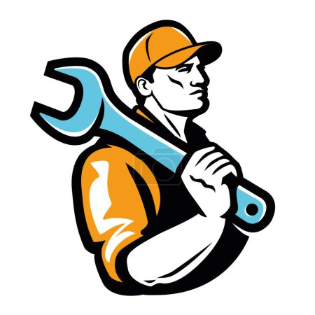 Illustration for Construction worker emblem. Builder with wrench, logo in retro style. Vector illustration - Royalty Free Image