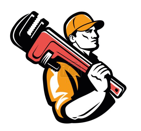 Illustration for Plumber with plumbing wrench logo. Technical service logo, emblem. Construction, Repair work vector illustration - Royalty Free Image