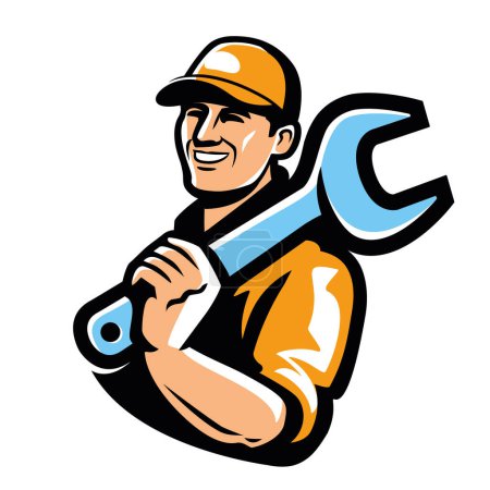 Illustration for Worker with wrench tool. Engineer, technician, mechanic, builder logo. Workshop, service emblem vector illustration - Royalty Free Image
