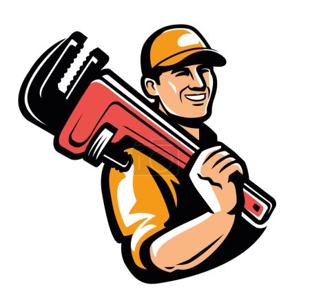 Illustration for Happy worker with work tool. Plumber with wrench emblem or logo. Vector illustration - Royalty Free Image