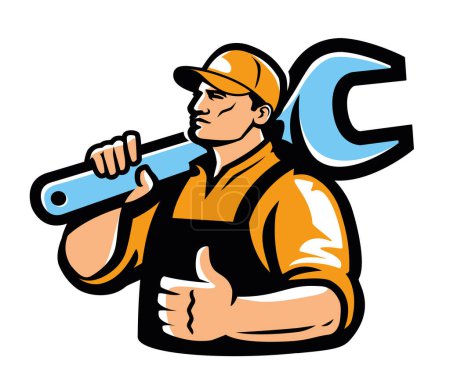 Illustration for Construction worker with working tool, Builder emblem. Engineer, mechanic with wrench, workshop logo vector - Royalty Free Image