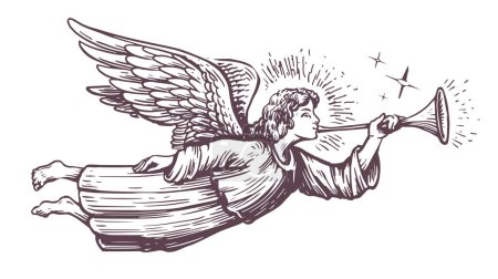 Illustration for Christmas Angel flying and trumpet on pipe. Religious holiday. Hand drawn vector illustration in vintage engraving style - Royalty Free Image