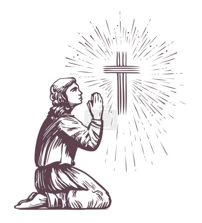 Prays standing on his knee. Praise of God. shining cross, symbol of faith, worship. Vector illustration sketch