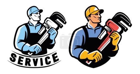 Illustration for Plumber worker with adjustable plumbing and pipe wrench. Professional house building work logo. Vector illustration - Royalty Free Image
