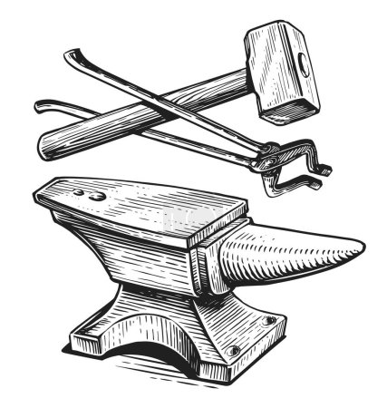 Illustration for Hand drawn hammer, tongs and anvil. Blacksmith work, ironwork concept. Blacksmithing vintage sketch vector illustration - Royalty Free Image