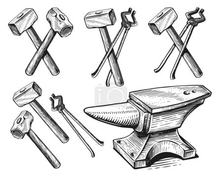 Illustration for Retro blacksmith pliers, hammer, anvil sketch. Ironwork, set of tools concept. Blacksmithing vintage vector illustration - Royalty Free Image