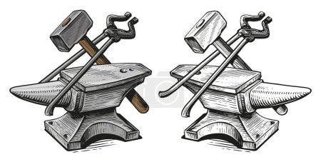 Illustration for Anvil, hammer, tongs. Metal working tools. Blacksmith craft concept. Hand drawn sketch vintage vector illustration - Royalty Free Image