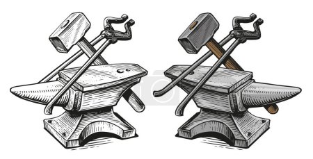 Illustration for Blacksmith craft concept. Anvil, hammer, tongs. Metal working tools. Hand drawn sketch vintage vector illustration - Royalty Free Image