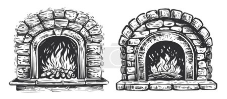 Kamin mit brennendem Holz. Steinofen mit Feuerflammen. Skizzenvektorillustration im Stil der alten Gravur