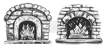 Illustration for Warm fire in the stone fireplace. Firewood burns in a brick oven. Engraved vector illustration in sketch style - Royalty Free Image