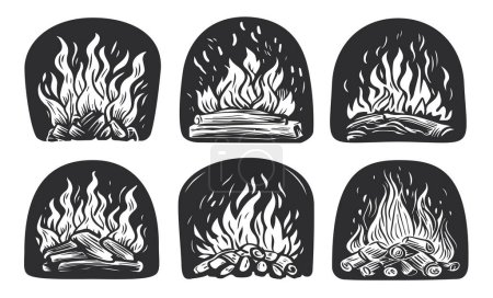 Téléchargez les illustrations : Le bois de chauffage brûle dans le four. Feu dans la cheminée. Boulangerie, symbole de nourriture grillée ou ensemble de badge. Illustration vectorielle - en licence libre de droit