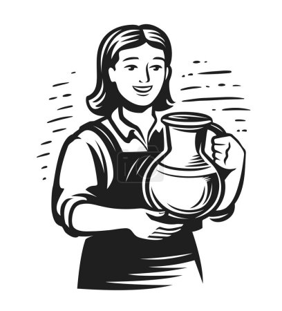 Illustration for Happy milkmaid with jug of fresh milk. Young beautiful woman farmer with pot. Dairy farm emblem vector illustration - Royalty Free Image