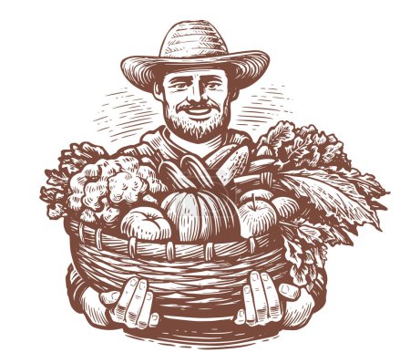 Agricultor con verduras recién recogidas en cesta. Alimentos frescos de granja orgánica. Dibujo vector ilustración