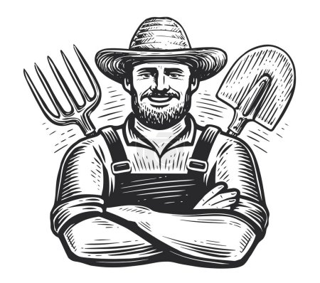 Illustration for Happy farmer with arms crossed and gardening tools. Farm worker sketch. Hand drawn vintage vector illustration - Royalty Free Image