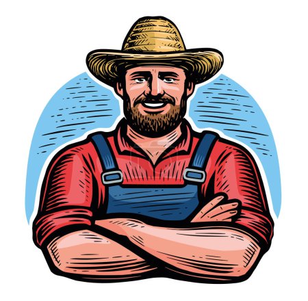 Illustration for Happy farm worker in hat emblem. Smiling senior farmer with arms crossed. Vector illustration - Royalty Free Image