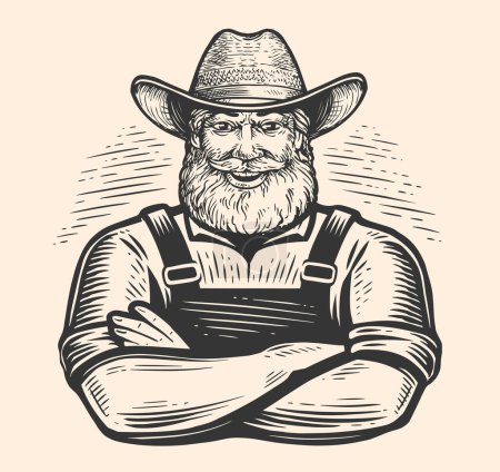 Ilustración de Campesino feliz en el emblema del sombrero. Granjero mayor sonriente con los brazos cruzados. Dibujo dibujado a mano vector ilustración - Imagen libre de derechos