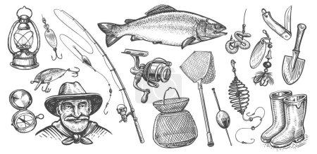 Téléchargez les illustrations : Concept de pêche, vecteur fixe. Collection d'illustrations dessinées à la main sur le thème de la capture du poisson - en licence libre de droit