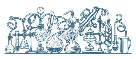 Ilustración de Experimento químico en laboratorio. Ilustración vectorial para química, investigación médica, concepto de ciencia - Imagen libre de derechos