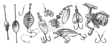 Equipo de pesca. Varios artículos y accesorios para la pesca deportiva. Coger un pez, concepto, ilustración de vectores de bocetos