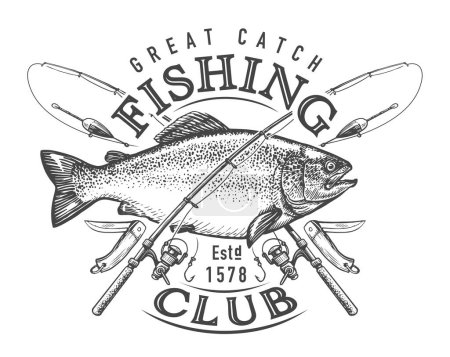 Illustration for Fishing club emblem. Outdoor sports lifestyle concept. Great fish catch, sketch vector illustration - Royalty Free Image