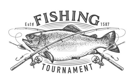 Illustration for Fishing tournament emblem. Caught large fish and crossed fishing rods of fisherman, badge template. Vector illustration - Royalty Free Image