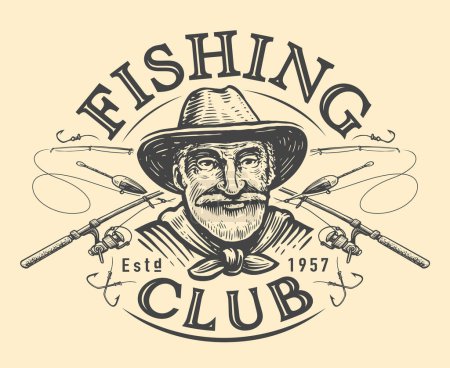 Ilustración de Emblema del club de pesca. Feliz pescador de edad avanzada y cañas de pescar cruzadas para la captura de peces. Ilustración de vector Vintage - Imagen libre de derechos