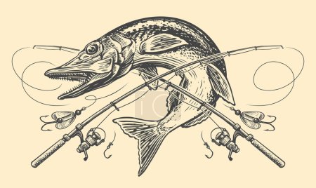 Pike fish, crossed rods and tackle emblem. Fishing, outdoor sports lifestyle concept, sketch vintage vector illustration