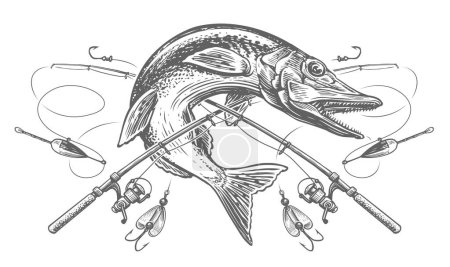 Téléchargez les illustrations : Brochet de poisson sautant et cannes de pêche croisées avec agrafe et hameçons. Croquis emblème de la pêche. Illustration vectorielle de gravure - en licence libre de droit