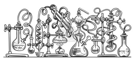 Ilustración de Equipo de laboratorio. Investigación química, ilustración de vectores de bocetos. Concepto de ciencia, medicina y conocimiento - Imagen libre de derechos