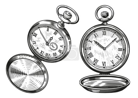 Vintage Taschenuhrset vorhanden. Zeit, Uhrenkonzept. Handgezeichnete Skizze Vektor Illustration
