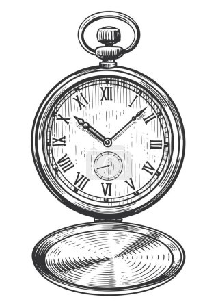 Illustration for Mechanical classic pocket watch with lid. Clock face dial with roman numerals. Vintage sketch vector illustration - Royalty Free Image