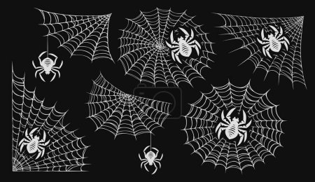 Ilustración de Colección de telaraña, telaraña aislada sobre fondo negro. Diseño conjunto de elementos de Halloween para fiesta, tarjeta de invitación - Imagen libre de derechos