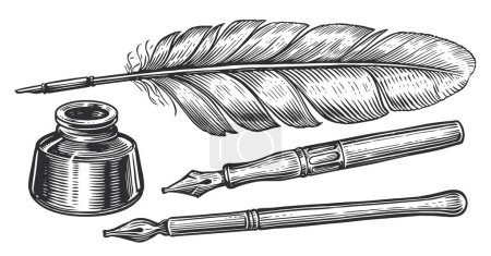 Inkwell and feather quill dip pen. Hand drawn sketch vector illustration in vintage engraving style