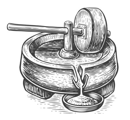 Ilustración de Piedra de molino manual. Manos de molino para grano con soporte de mango. Grabado estilo boceto vector ilustración - Imagen libre de derechos