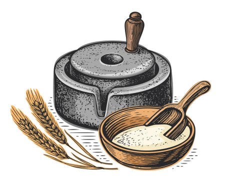 Wheat, bowl of grain and millstone, vector illustration. Flour production. Hand mill, stone tool for grinding grain