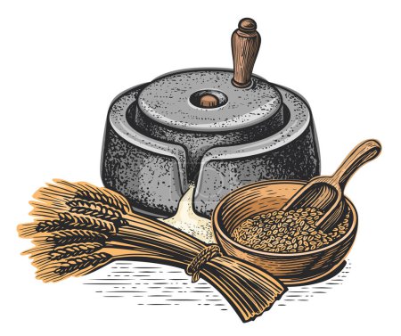 Téléchargez les illustrations : Meules manuelles pour grain avec support de poignée, épis de blé, grains. Cuisson et cuisson de farine, ingrédients alimentaires. Vecteur - en licence libre de droit
