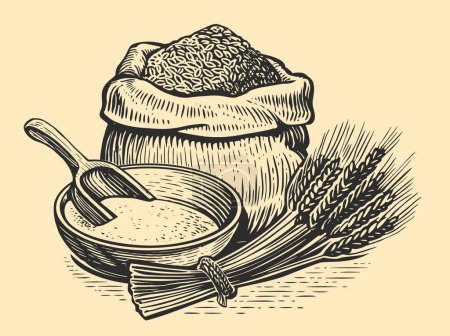 Illustration for Grain in burlap sack, bowl of flour with wooden scoop and wheat ears. Farm food. Vintage sketch vector illustration - Royalty Free Image