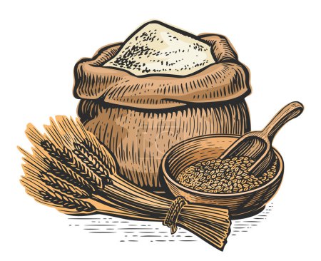 Ilustración de Harina de pan en saco de arpillera, tazón de grano con cuchara de madera y espigas de trigo. Granja alimentación vector ilustración - Imagen libre de derechos