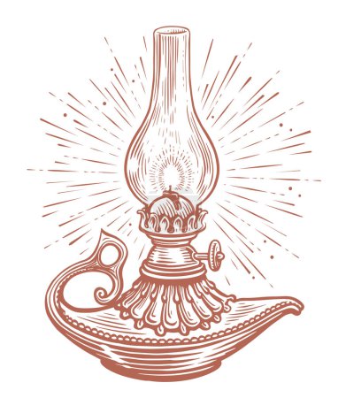 Téléchargez les illustrations : Ancienne lampe à huile croquis vectoriel illustration gravure style. Lanterne à huile vintage ou lampe au kérosène avec rayons de lumière - en licence libre de droit