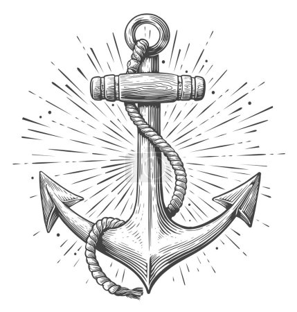 Téléchargez les illustrations : Ancre de mer vintage avec corde en style gravure. Crochet de bateau croquis vectoriel illustration - en licence libre de droit