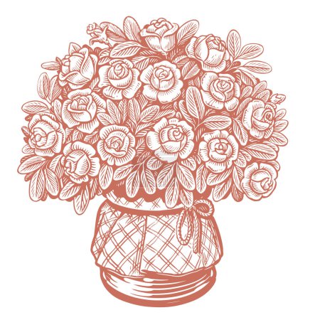 Ilustración de Rosas con hojas en una olla. Ramo de flores en estilo grabado vintage. Dibujo vector ilustración - Imagen libre de derechos