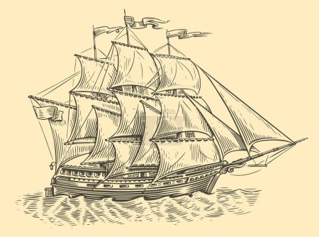 Ilustración de Esbozo del barco de vela. Antiguo velero navega en las olas del mar en estilo grabado vintage. Ilustración vectorial - Imagen libre de derechos