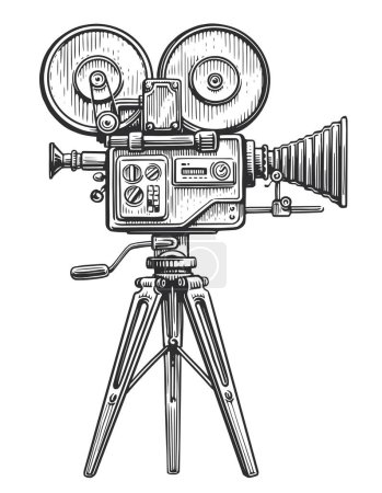 Ilustración de Cámara de video retro en un trípode. Concepto de filmación de video. Dibujo vintage vector ilustración grabado estilo - Imagen libre de derechos