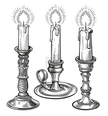 Illustration for Candlestick with a burning candle. Vintage lantern sketch. Vector illustration - Royalty Free Image